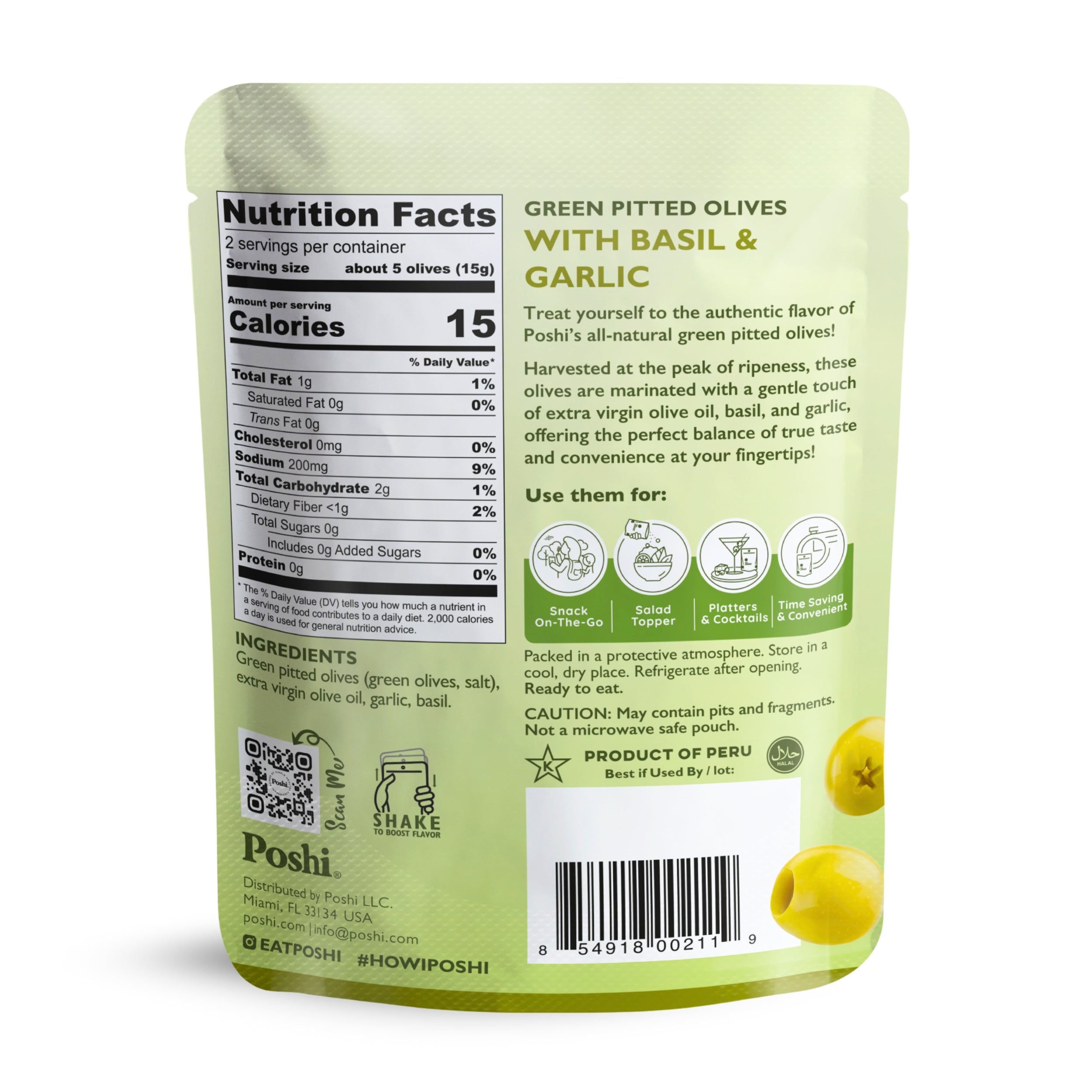 Pitted Green Olives With Basil & Garlic - 10 Snack Packs (1.1 OZ