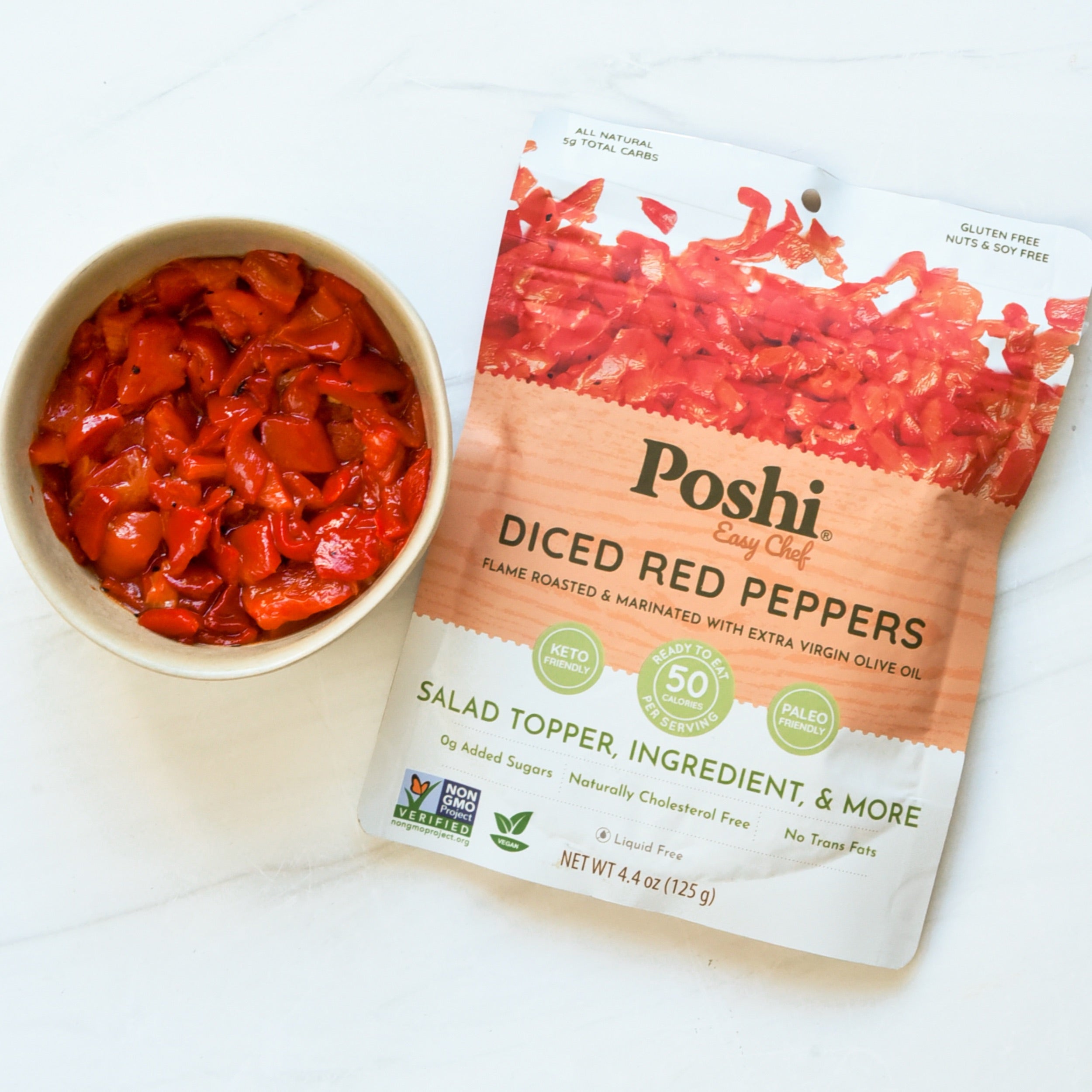 Diced Red Peppers – Flame-Roasted & Marinated in EVOO | Poshi Easy