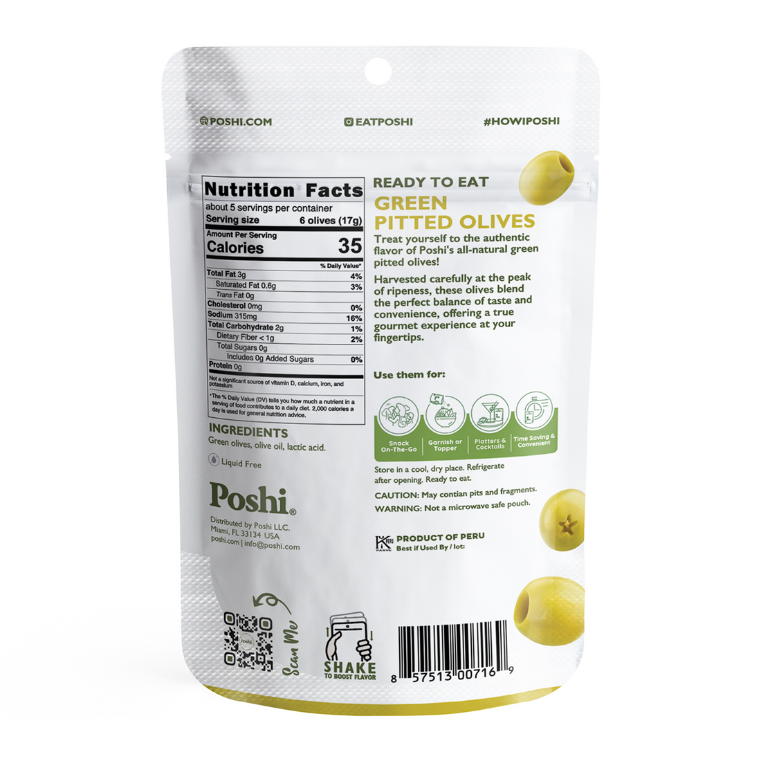 Pitted Green Olives Original Flavor - 10 Snack Packs (3 OZ/Pouch)
