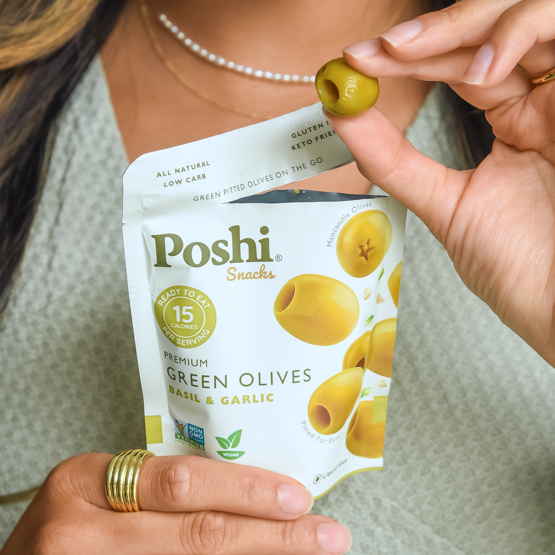 Pitted Green Olives With Basil & Garlic - 10 Snack Packs (1.1 OZ Pitted Green Olives With Basil & Garlic - 10 Snack Packs (1.1 OZ